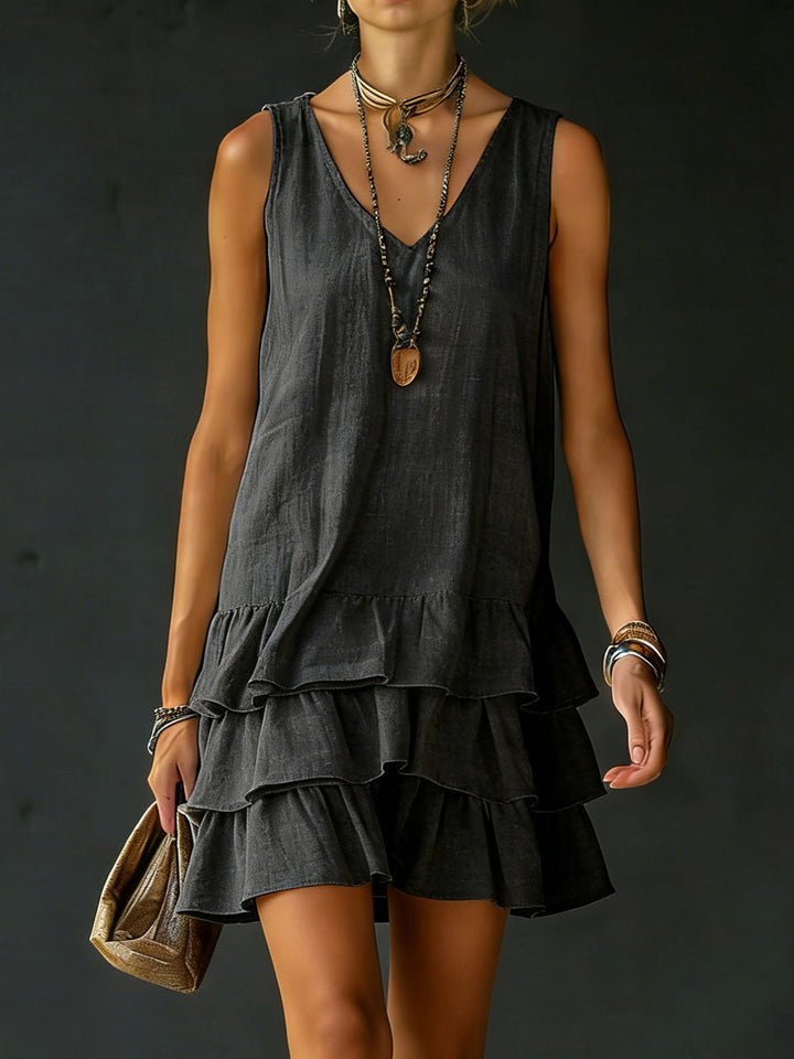 Women's Linen V-Neck Ruffle Hem Sleeveless Tunic Dress