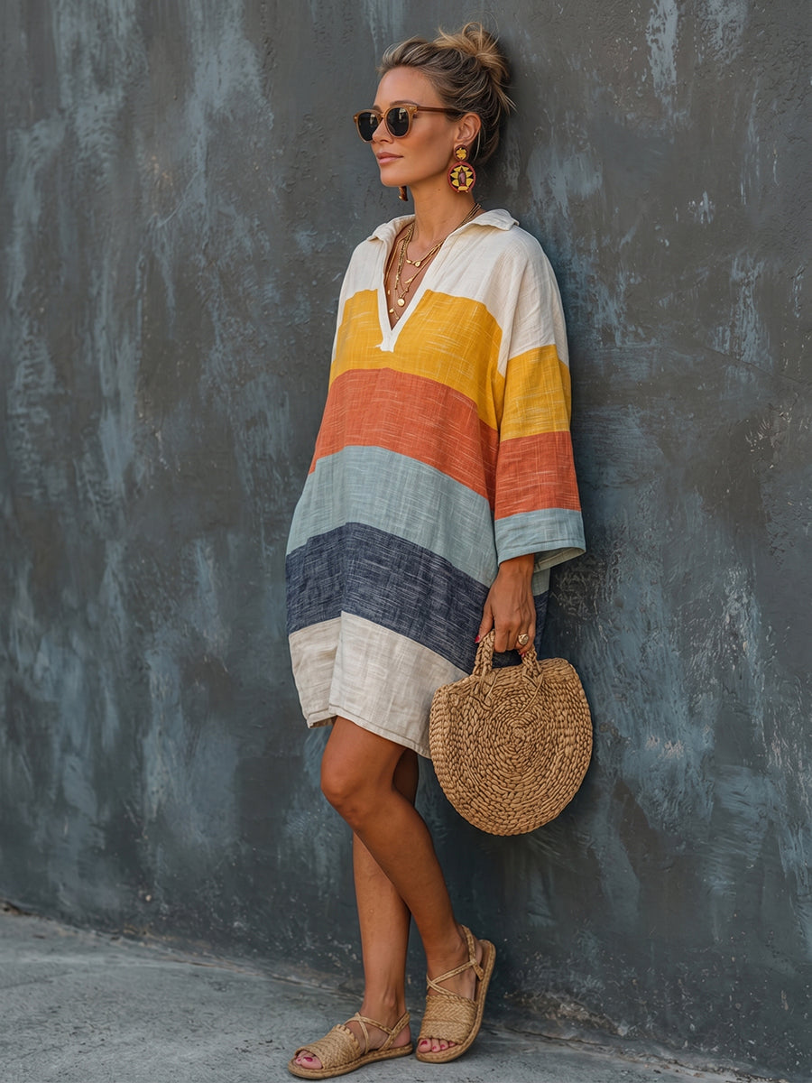 Women's V-Neck Wide Sleeve Striped Linen Beach Mini Shirt Dress