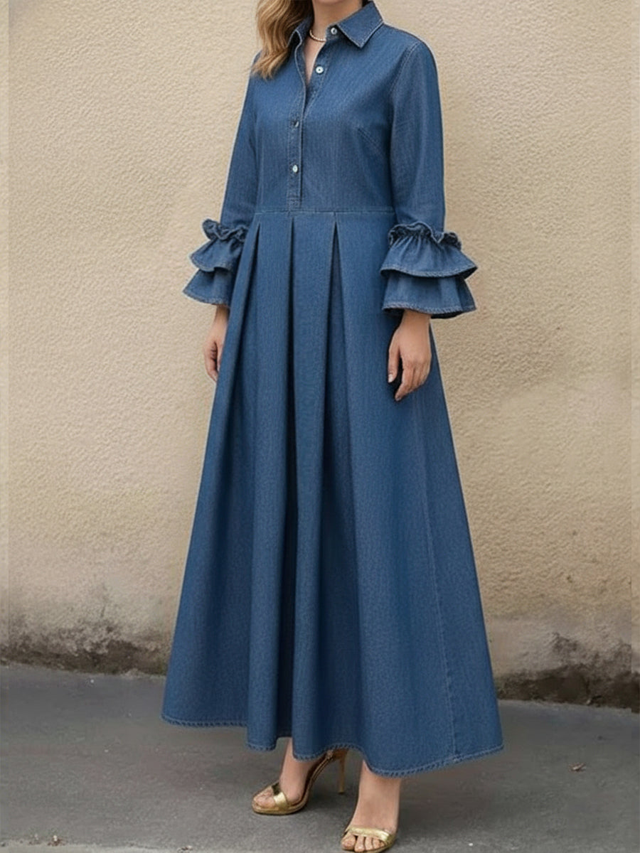 Women's Denim Pleated Ruffle Long Sleeve Maxi Dress