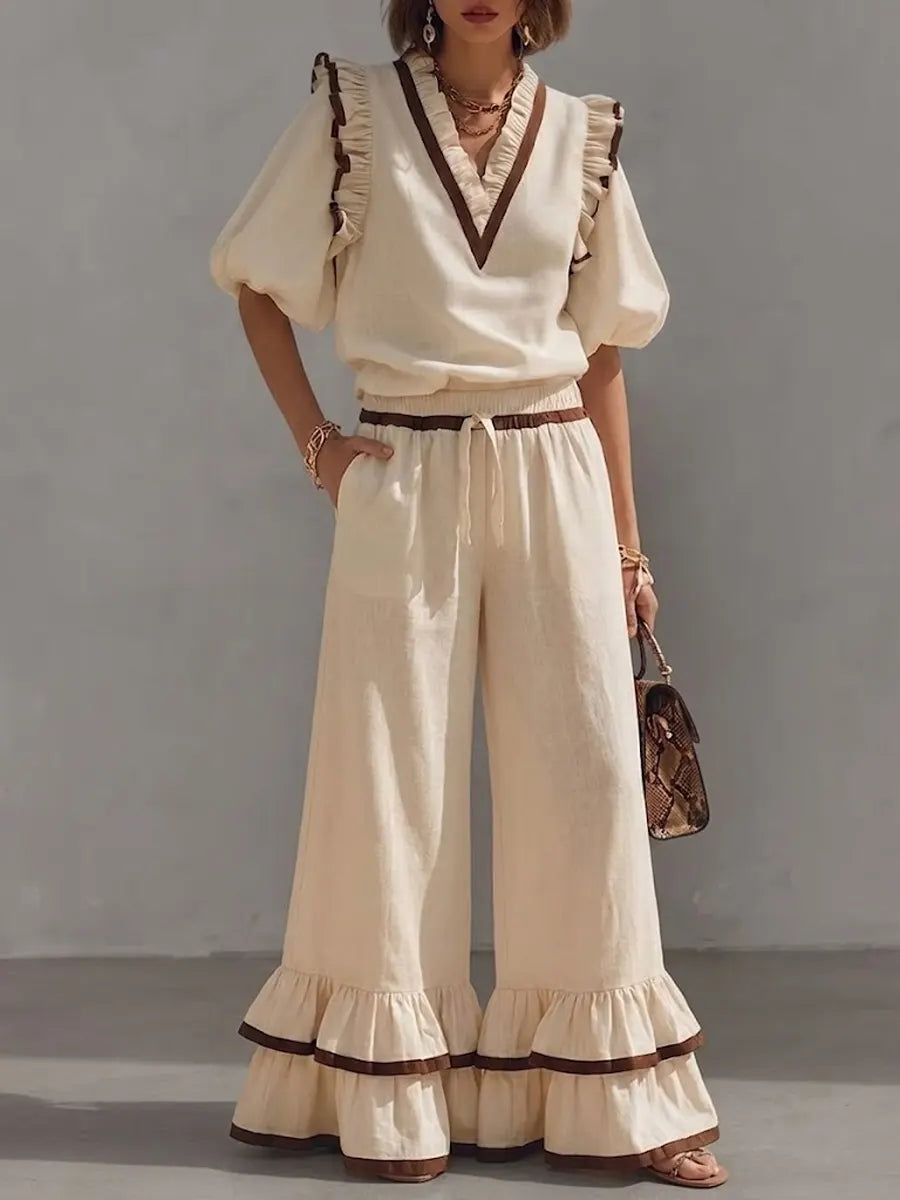 Women's Linen V-Neck Puff Sleeve Ruffle Hem Wide Leg Two Piece Set