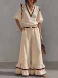 Women's Linen V-Neck Puff Sleeve Ruffle Hem Wide Leg Two Piece Set