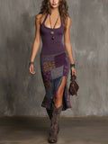 Women's Halter Patchwork Linen Knit Midi Dress