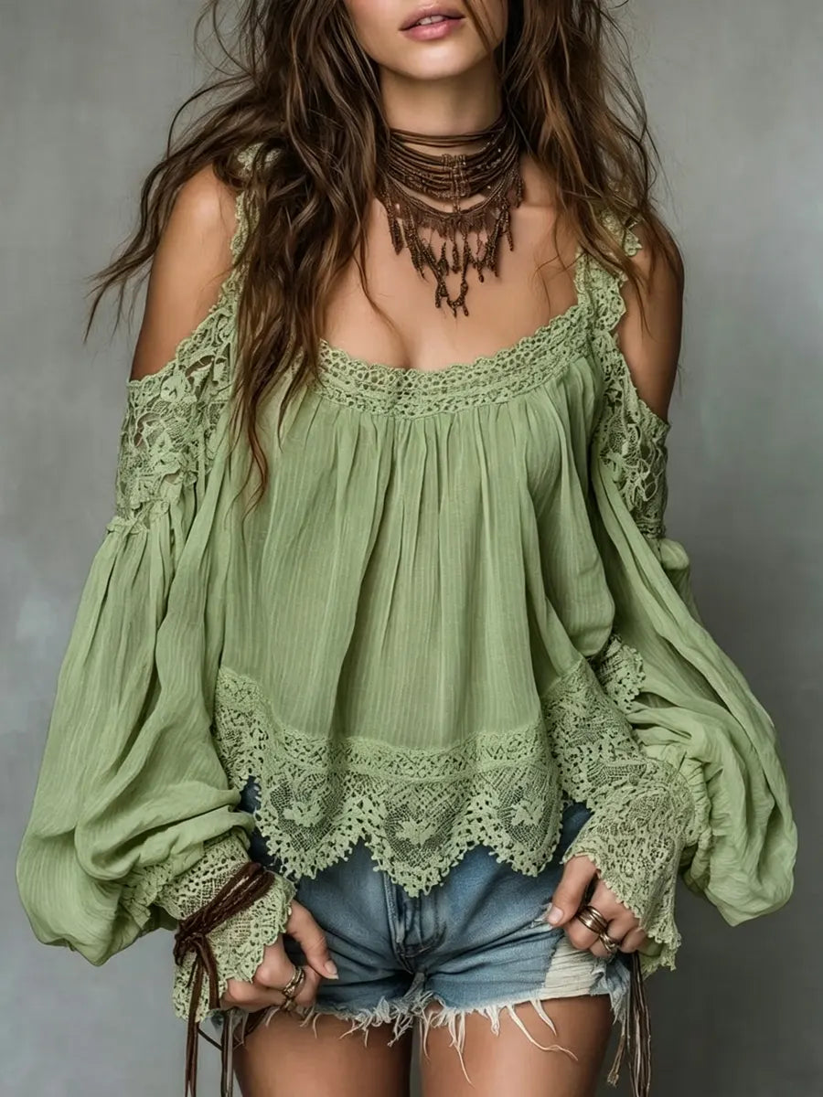 Women's Boho Off-Shoulder Linen Blouse Flowy Lantern Sleeve Top