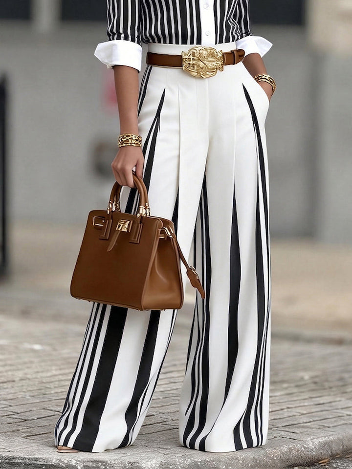 Women's Linen High Waisted Wide Leg Striped Trousers