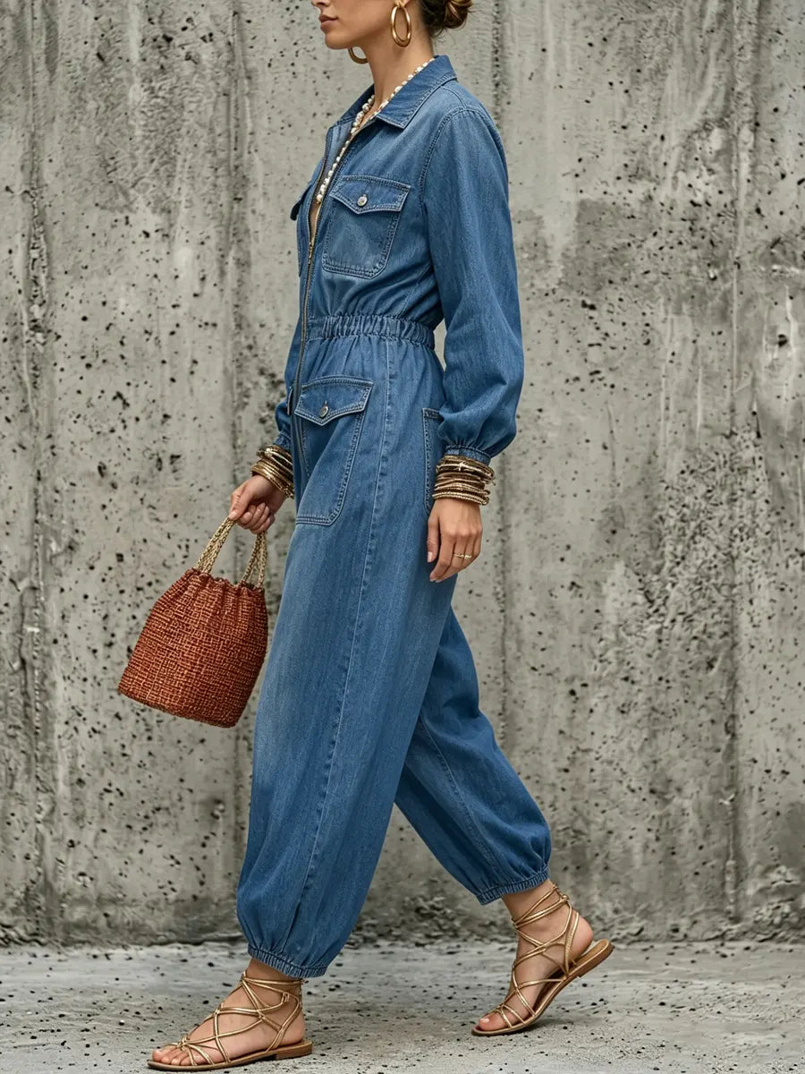 Women's Denim Jumpsuit Long Sleeve Utility Romper