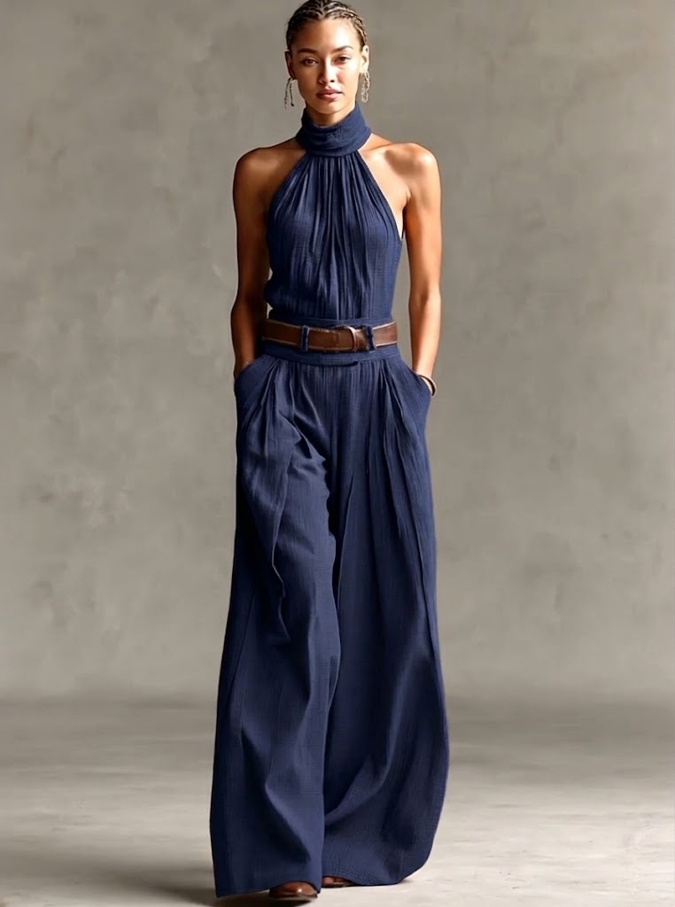 Women's Linen Halter Neck Wide Leg Jumpsuit