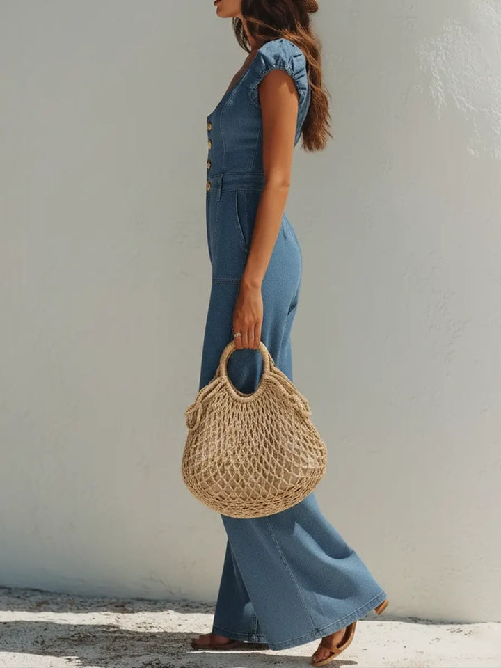 Women's Denim Jumpsuit Wide Leg One Piece Overall Romper