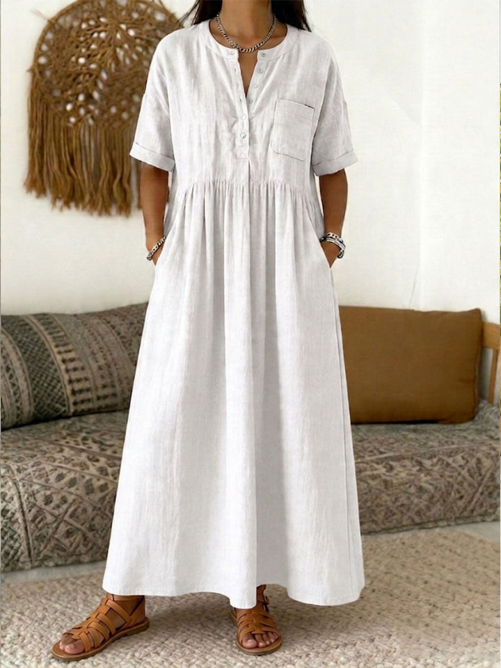 Women's Linen Maxi Dress V-Neck Short Sleeve Loose Fit Kaftan