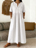 Women's Linen Maxi Dress V-Neck Short Sleeve Loose Fit Kaftan