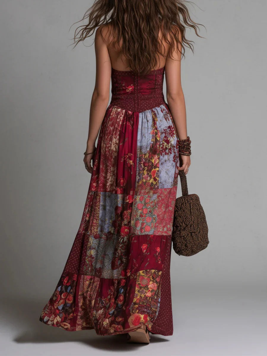 Women's V-Neck Sleeveless Boho Patchwork Print Linen Maxi Sundress