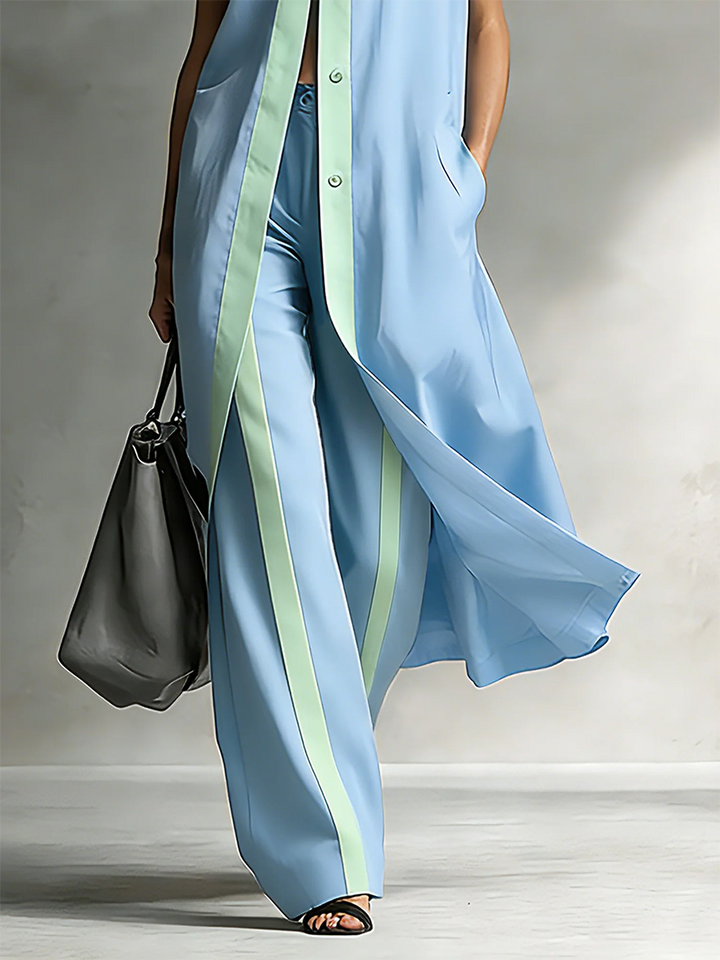 Women's Linen Sleeveless Maxi Shirt and Wide Leg Trousers Set