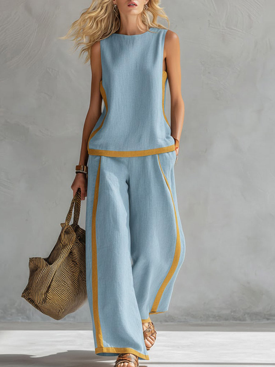 Women's Linen Blend Two Piece Sleeveless Top and Wide Leg Trousers Set
