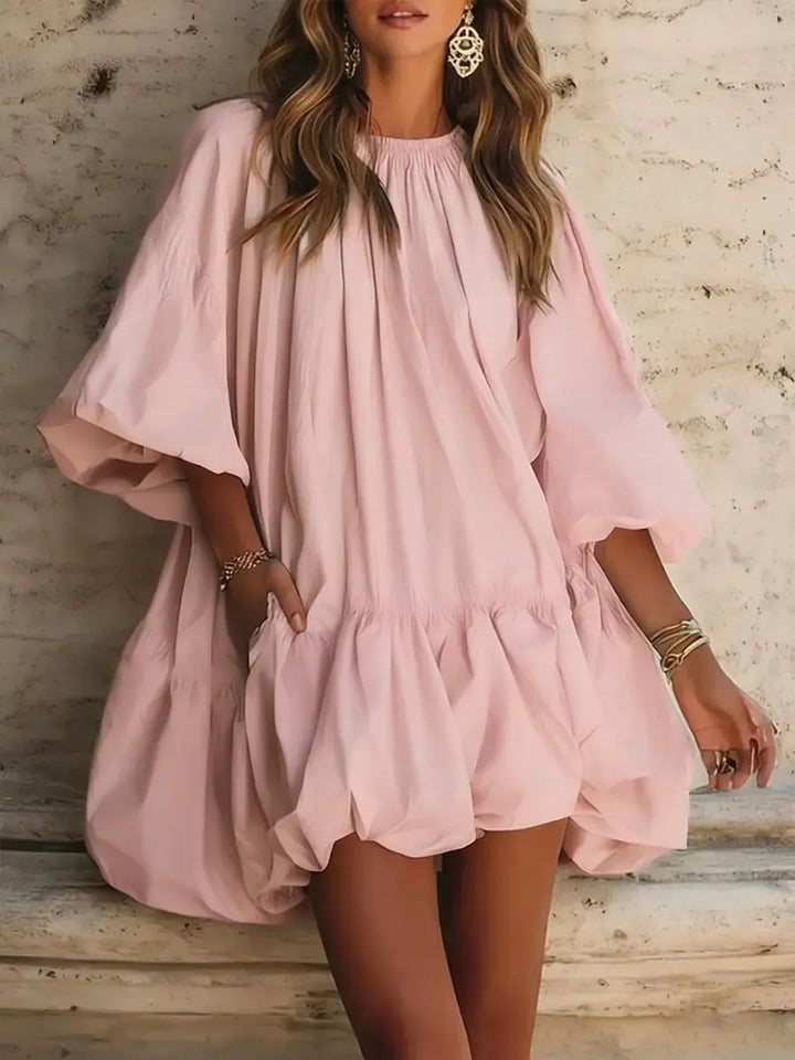 Women's Linen Blend Lantern Sleeve Mini Smock Dress