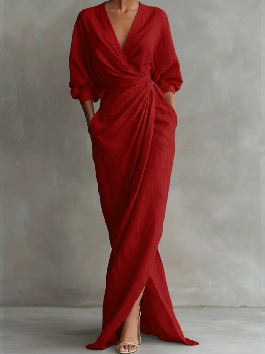 Women’s Linen Wrap Maxi Dress V Neck Elegant Drape Evening Gown