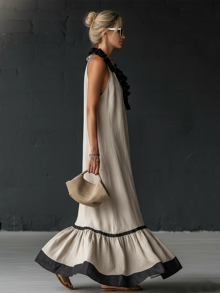 Women's Linen Ruffle Maxi Dress Sleeveless V-Neck Tiered Sundress