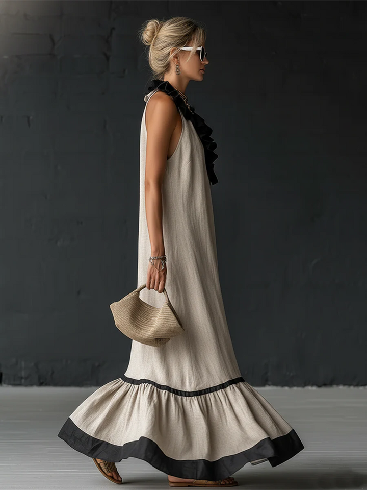 Women's Linen Ruffle Maxi Dress Sleeveless V-Neck Tiered Sundress