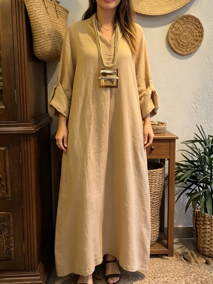 Women's V-Neck Long Sleeve Loose Fit Plain Linen Kaftan Maxi Dress