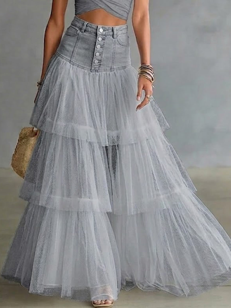 Women's Denim and Tulle Tiered Maxi Skirt