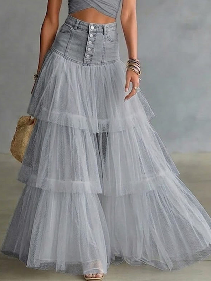 Women's Denim and Tulle Tiered Maxi Skirt