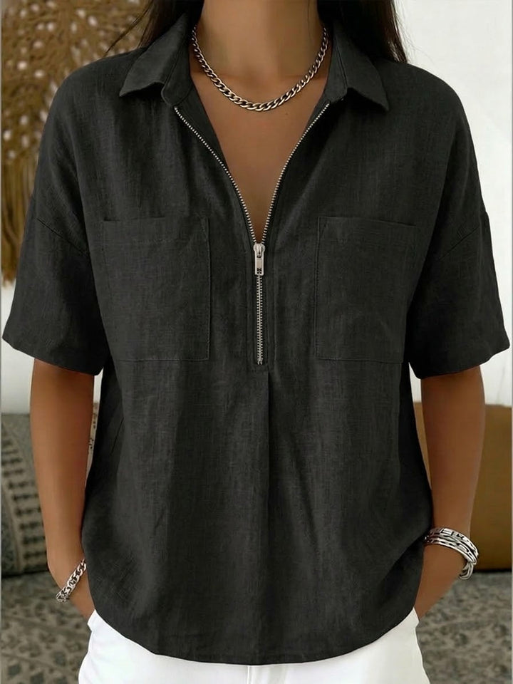 Women's Linen Blend Half-Zip Short Sleeve Blouse