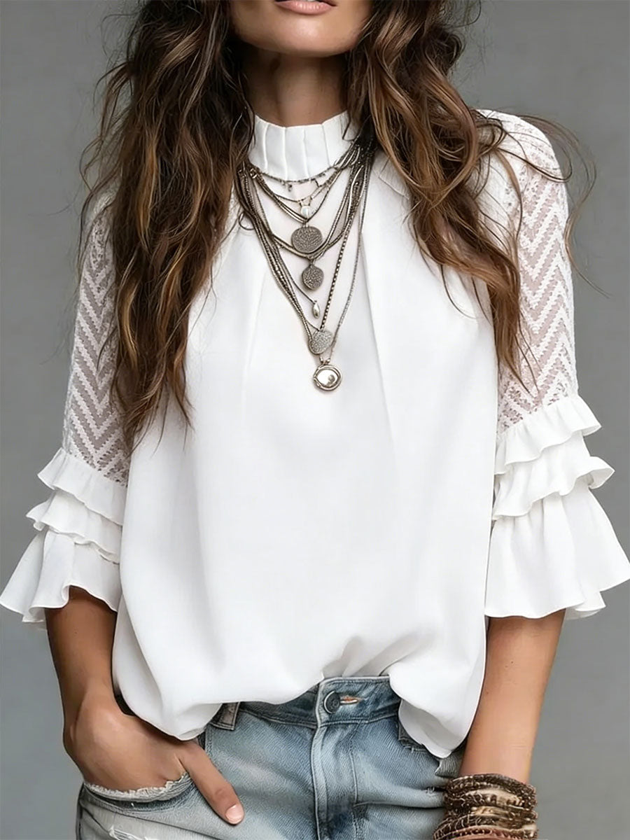 Women's Linen Blend Stand Collar Half-Sleeve Blouse