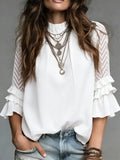 Women's Linen Blend Stand Collar Half-Sleeve Blouse
