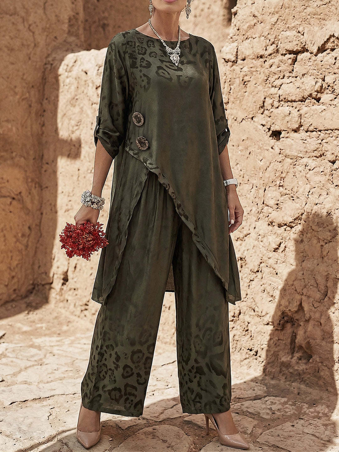 Women's Linen Trousers Set Floral Print Tunic Top and Wide Leg Pants Lounge Outfit