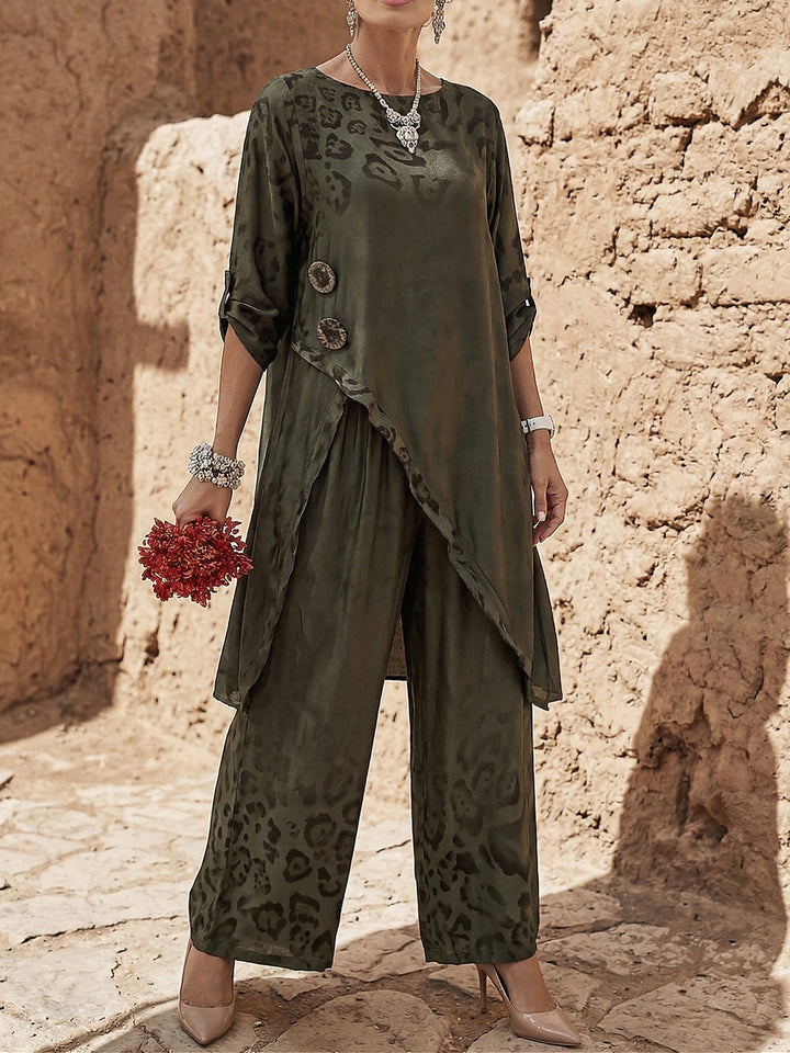 Women's Linen Trousers Set Floral Print Tunic Top and Wide Leg Pants Lounge Outfit