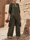 Women's Linen Trousers Set Floral Print Tunic Top and Wide Leg Pants Lounge Outfit