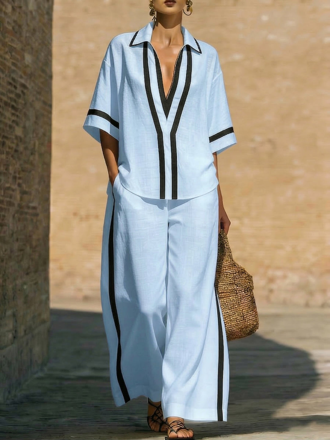 Women's Linen Two Piece Lounge Set Wide Leg Trousers V-Neck Shirt Top