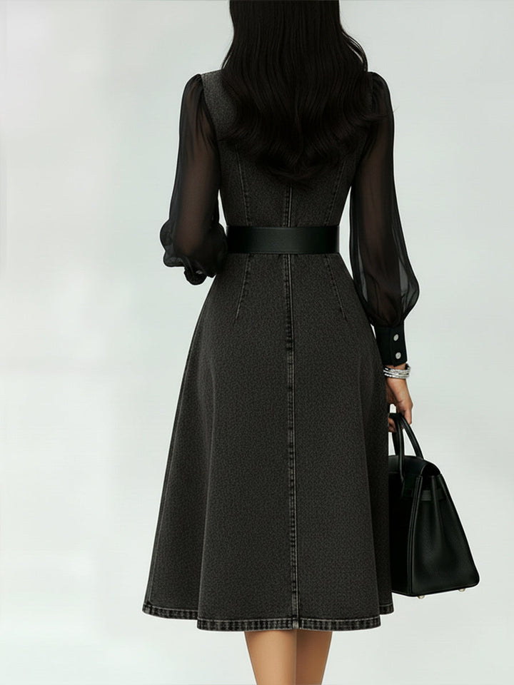 Women's Denim A-Line Dress with Sheer Lantern Sleeves and Belt
