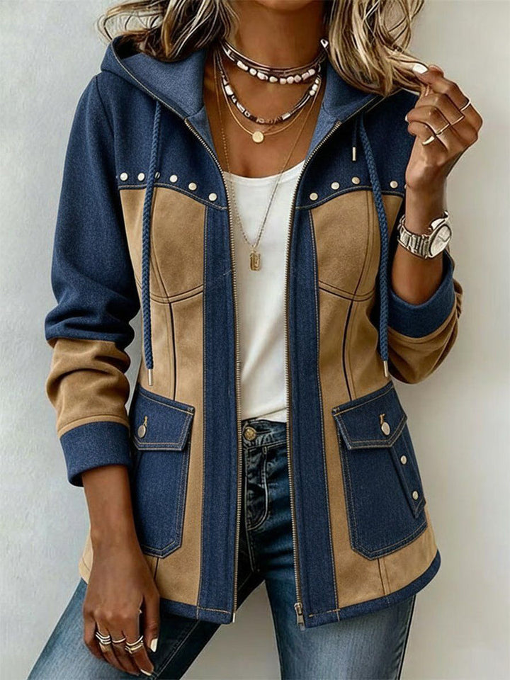 Women's Colorblock Hooded Jacket Suede Studded Parka Coat