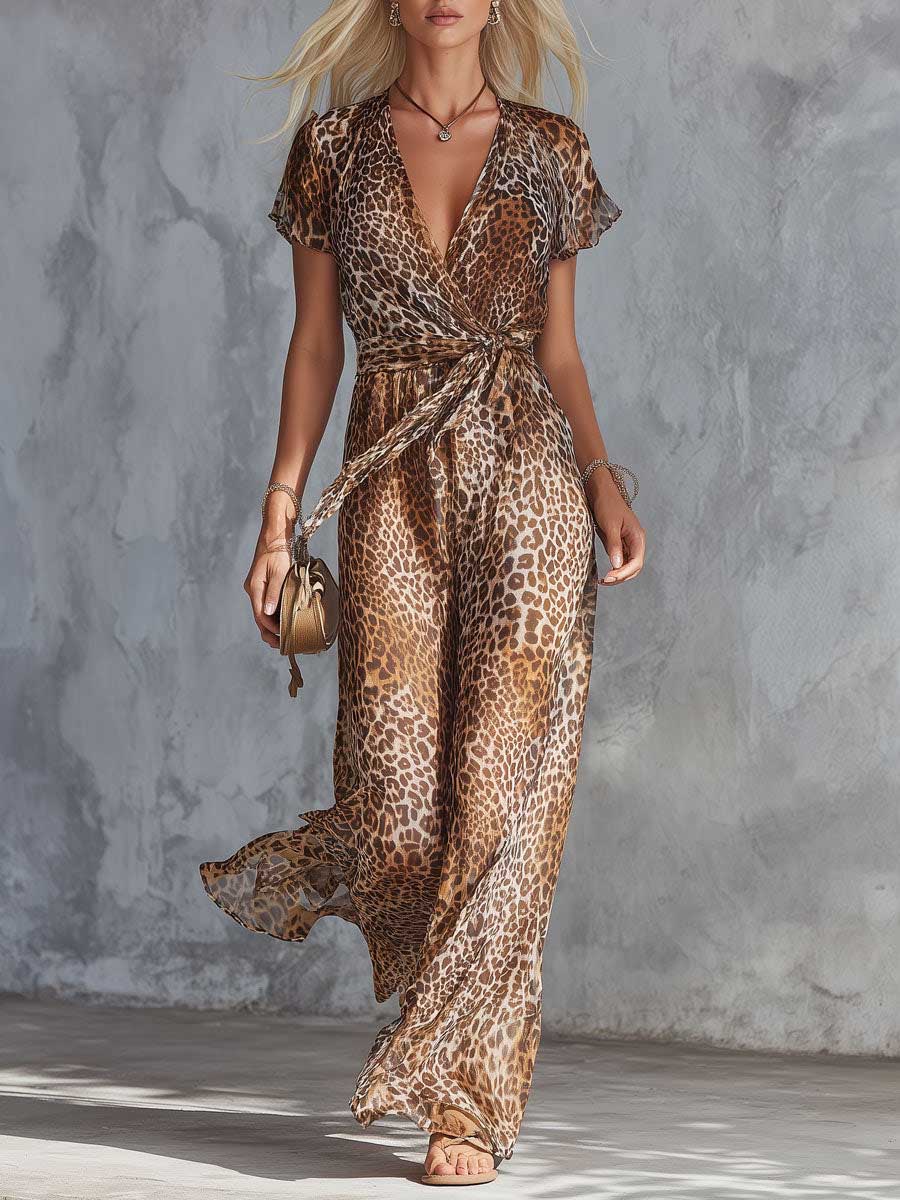 Women's Leopard Print Chiffon Short Sleeve V-Neck Jumpsuit