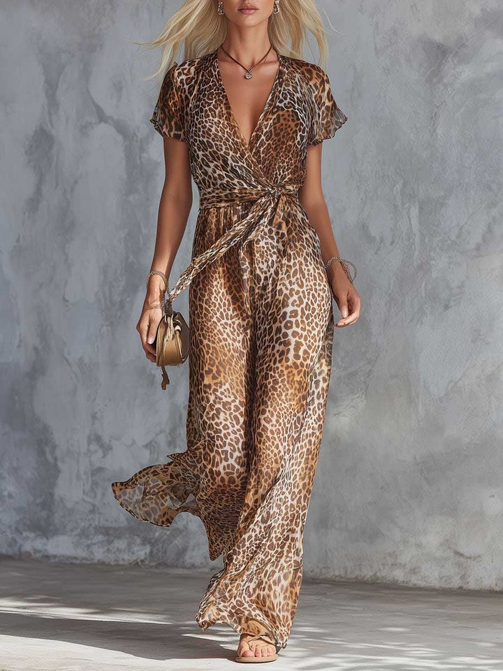 Women's Leopard Print Chiffon Short Sleeve V-Neck Jumpsuit