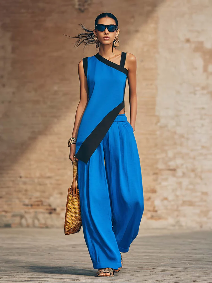 Women's Linen Asymmetric Tunic and Wide Leg Trousers Two Piece Set