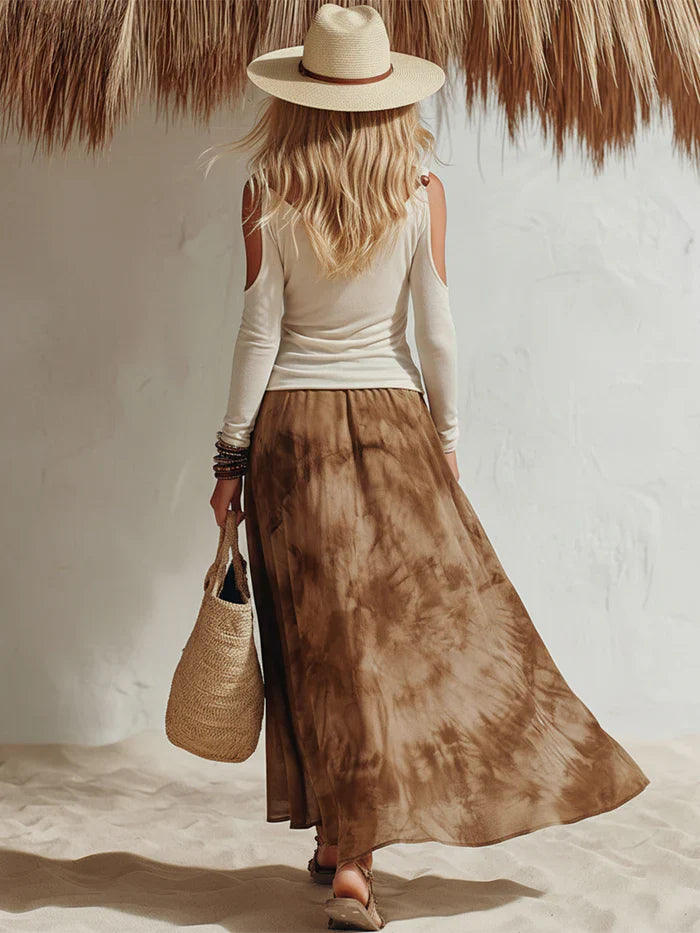 Women's Linen Cold Shoulder Long Sleeve Top and Tie Dye Maxi Skirt Two Piece Set