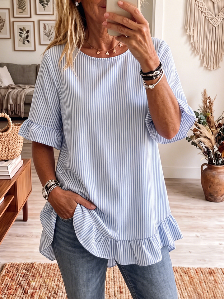 Women's Striped Linen Blend Short-Sleeve Ruffle Blouse