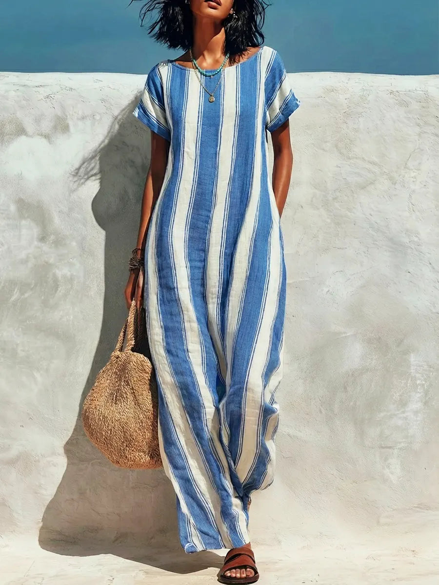 Women's Linen Striped Casual Loose Kaftan Maxi Dress