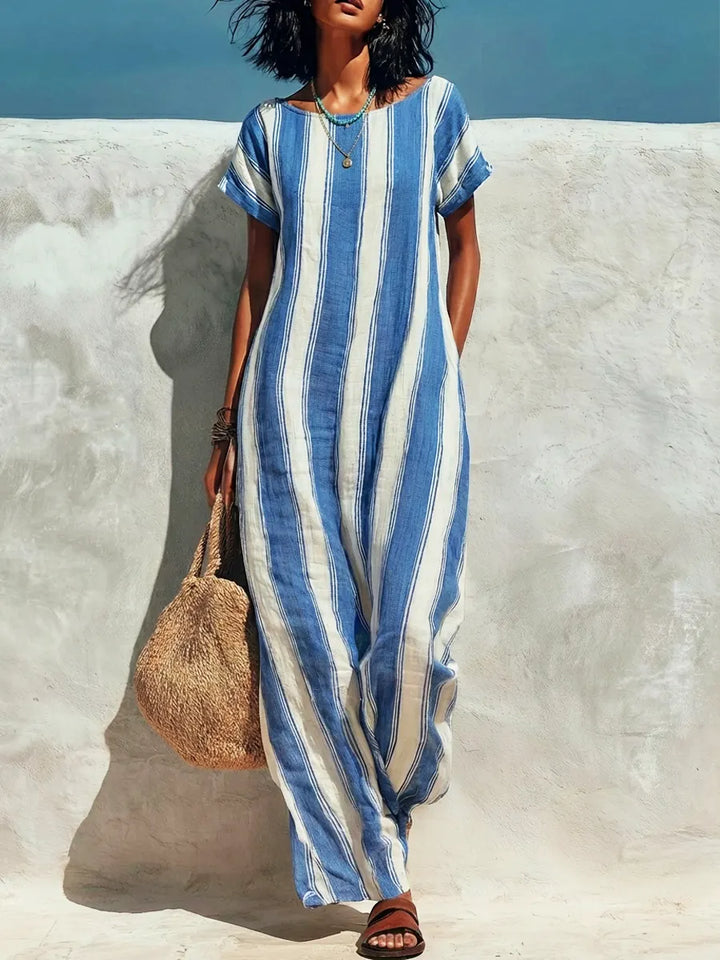 Women's Linen Striped Casual Loose Kaftan Maxi Dress