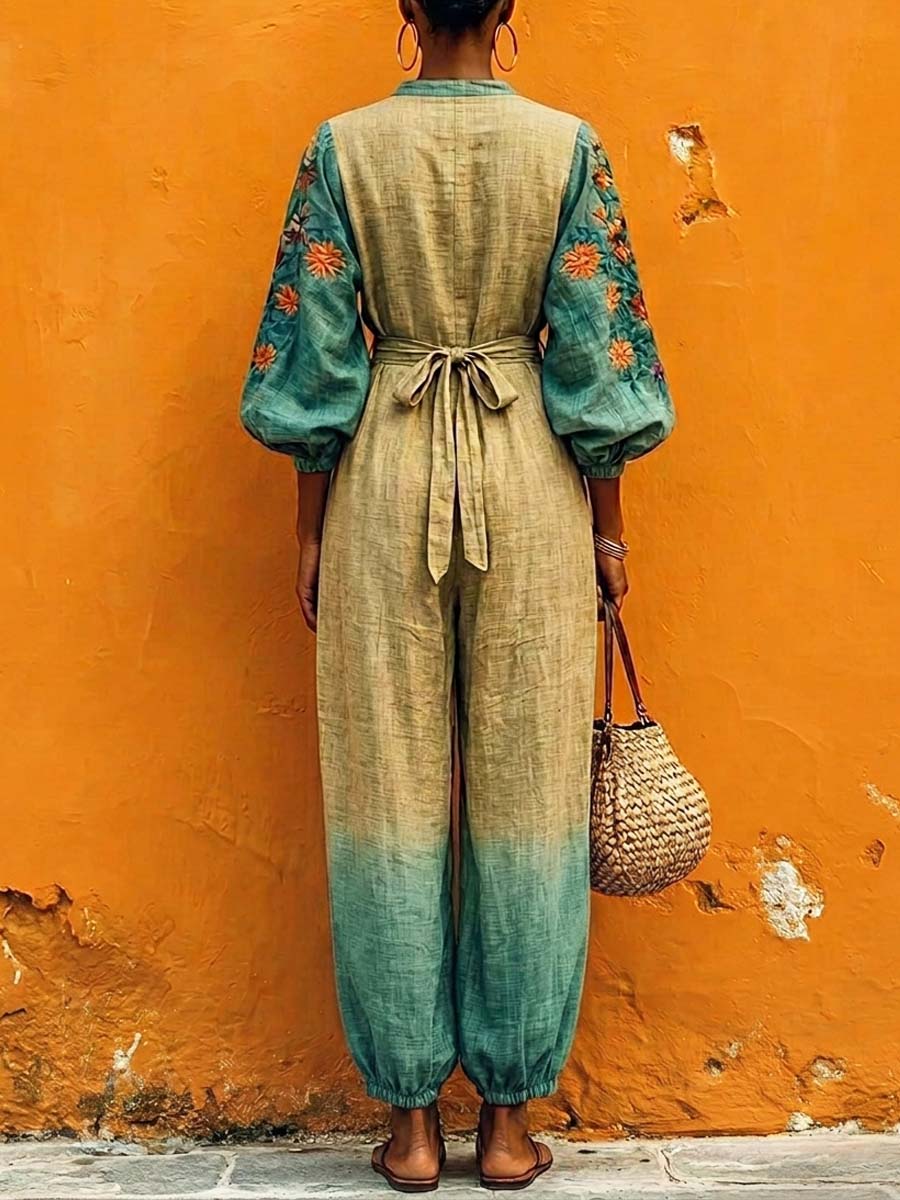 Women's Floral Linen Long Sleeve V-Neck Wide Leg Harem Jumpsuit