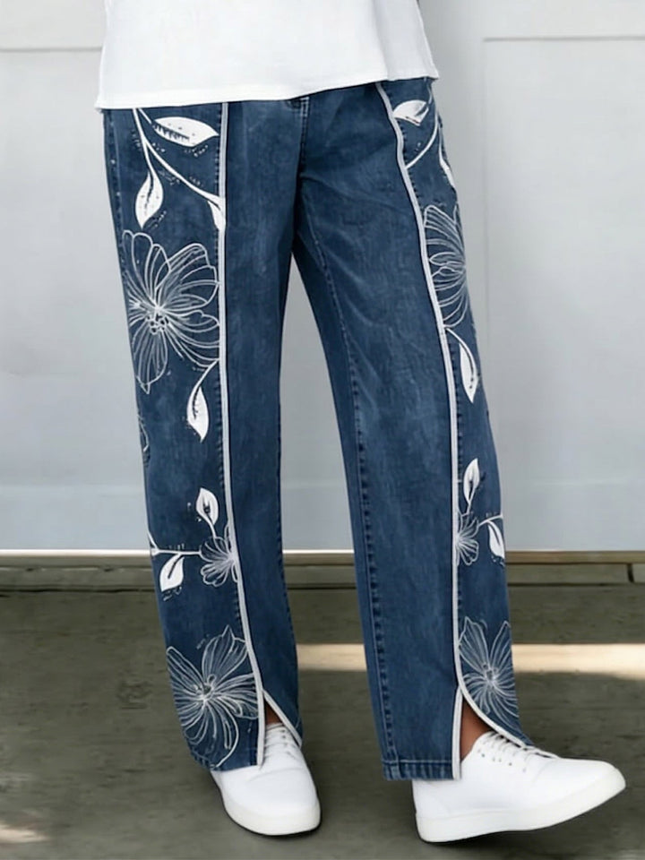 Women's Floral Embroidered Denim Wide Leg Jeans Linen Blend Pants