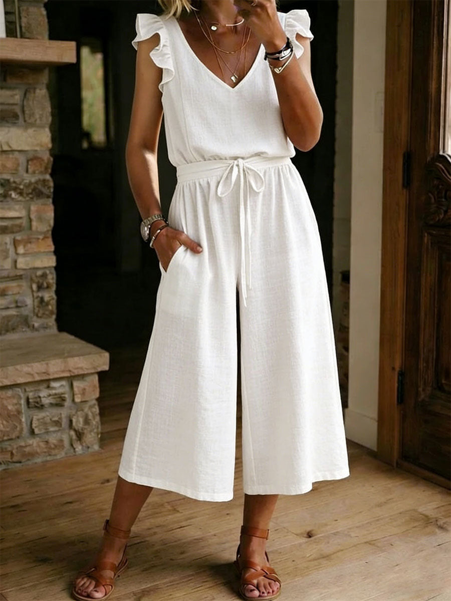 Women's Linen Ruffle V-Neck Wide Leg 2 Piece Set