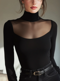 Women's Sheer Mesh Mock Neck Knit Bodysuit Long Sleeve Top