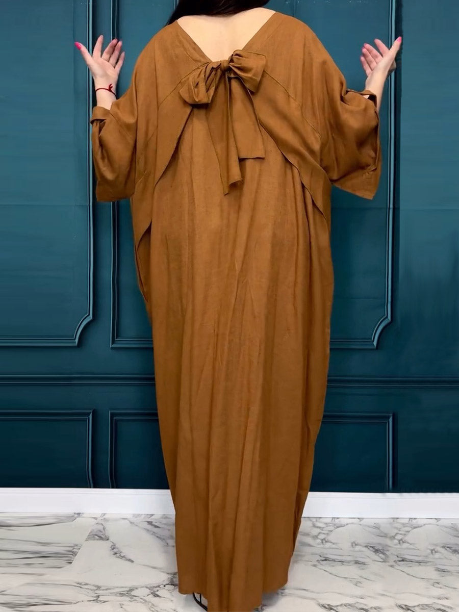 Women's Linen Kaftan Maxi Dress With Back Bow Detail