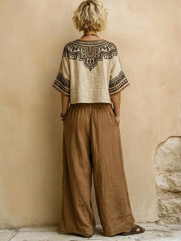 Linen Women's Boho Embroidered V-Neck Crop Top and Wide Leg Trousers Set