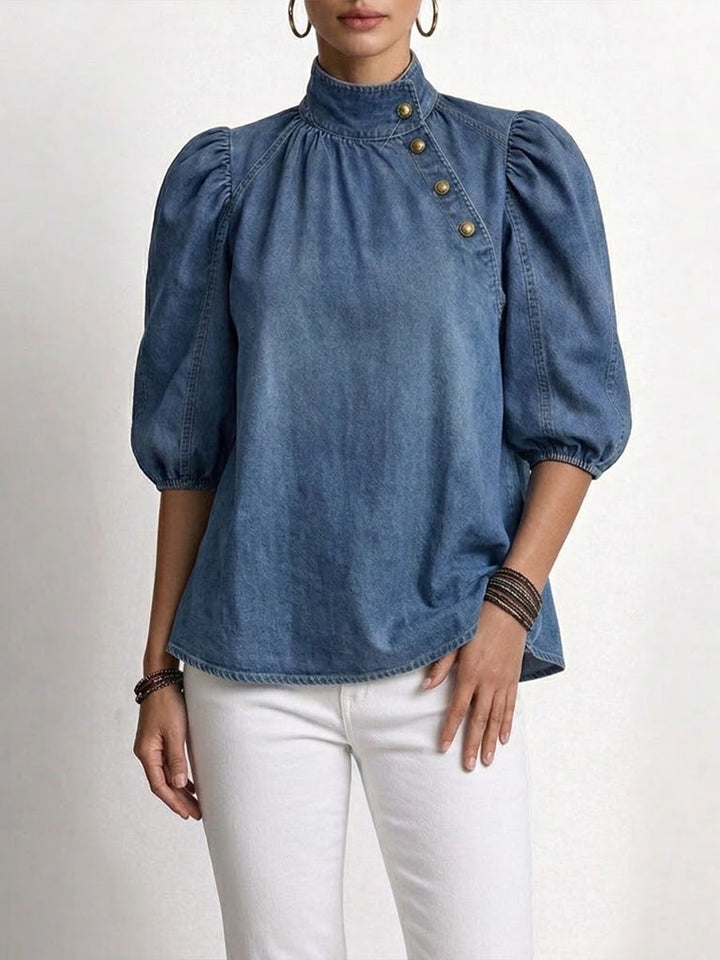 Women Denim High Neck Puff Sleeve Blouse