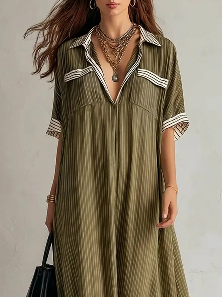 Women's Linen V-Neck Loose Fit Short Sleeve Kaftan Relaxed Boho Maxi Dress