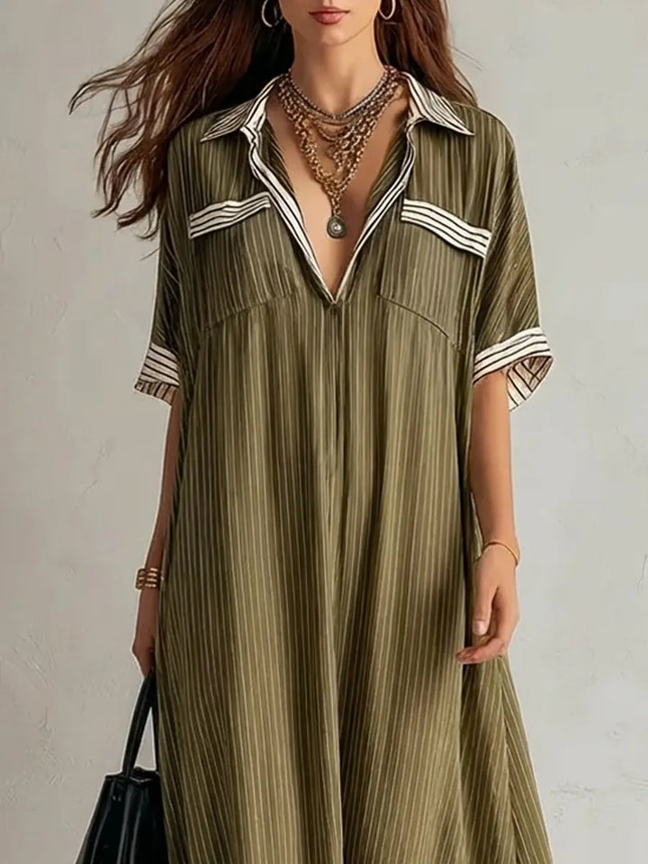 Women's Linen V-Neck Loose Fit Short Sleeve Kaftan Relaxed Boho Maxi Dress