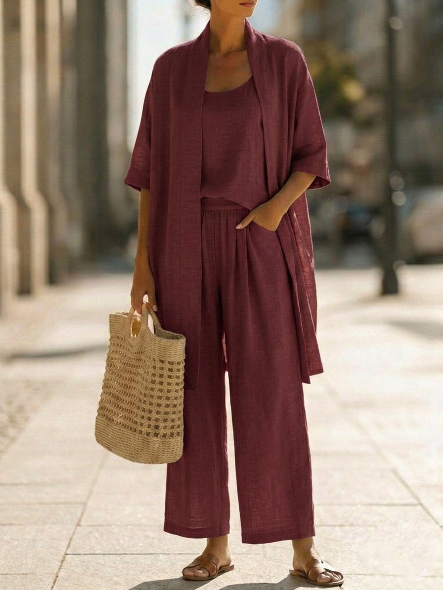 Women's Linen Blend 3 Piece Wide Leg Trouser Set with Open Front Cardigan