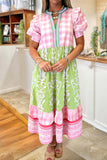 Women's Linen Gingham Tiered Midi Dress